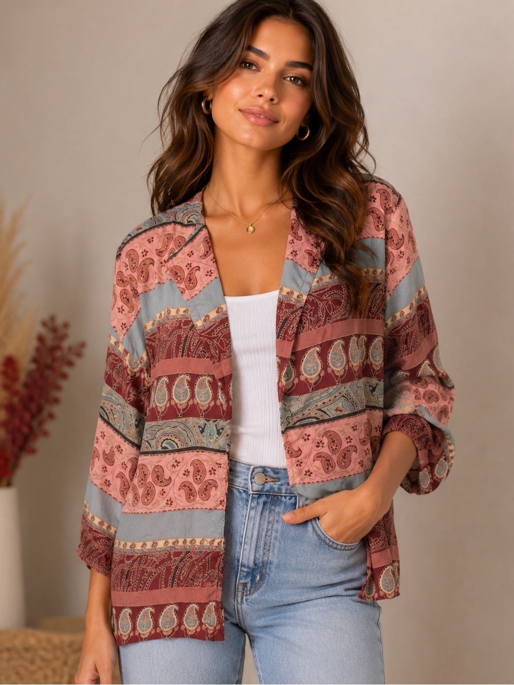 JENNA 100% Silk Paisley Print Open Front Kimono Jacket Blouse 12 VTG Hong Kong